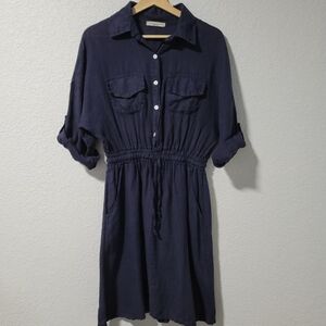 Francesca Bettini 100% Linen Navy Pocket  Dress Made in Italy NWT Size M